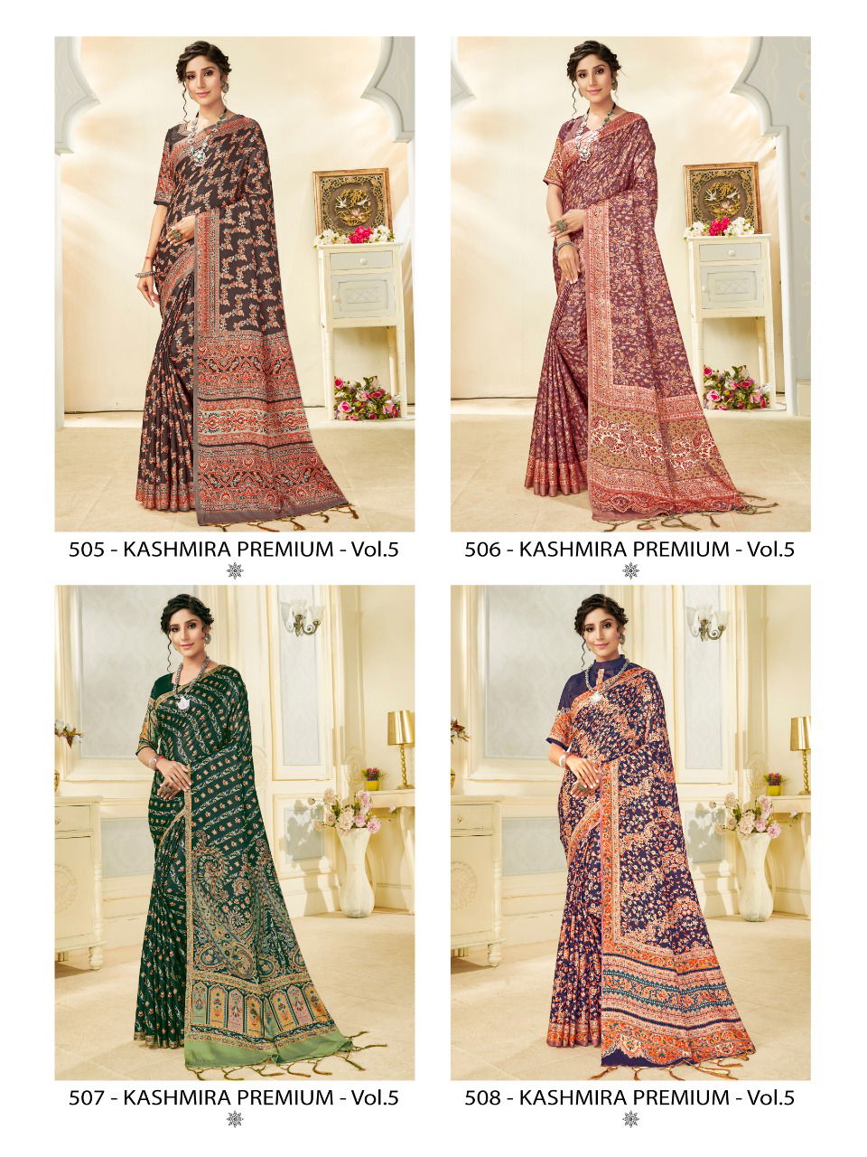 Apple Kashmiri Premium 5 Designer Latest Fancy Festive Wear Digital Printed Pashmina Silk Saree Collection
